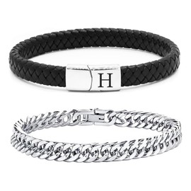 ZENGSING Men's Bracelet Stainless Steel Bracelets Leather Bracelet Men's Bracelet with Letters Stainless Steel Engraving 2 Pieces Men's Bracelets Cuban Bracelet Leather Bracelet with Magnetic Closure