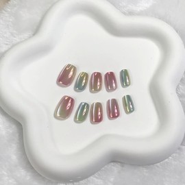 Pure Handmade Nails Press on Nail Reusable Fake Nails Dazzling Colour Aurora Cat's Eye Bling Bling Nude Medium Stick on Nails French Tip False Nails 10pcs (M, Q262)