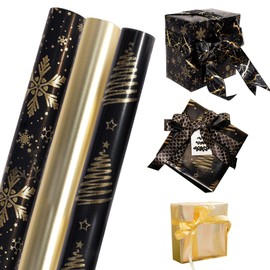 43cm×3m Christmas Wrapping Paper Rolls,3 Roll Package Christmas Wrapping Paper Gift Wrap Xmas Party with Snow Christmas Tree Black Gold Kraft Paper Roll for Christmas Party Wrap Decor