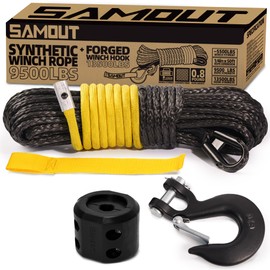 SAMOUT Synthetic Winch Rope Kit, 1/4in x 50ft 9500LBS Cable + Forged 13500LBS Winch Hook + Rubber Stopper + Safety Pull Strap, Yellow