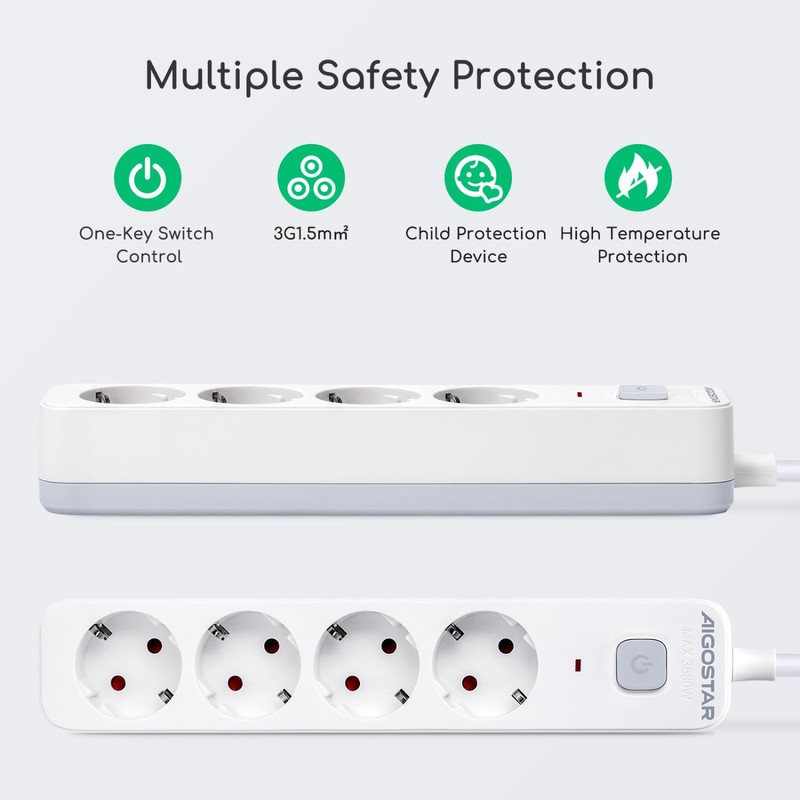 Aigostar 4-Way Power Strip with Switch, Multiple Socket with Child