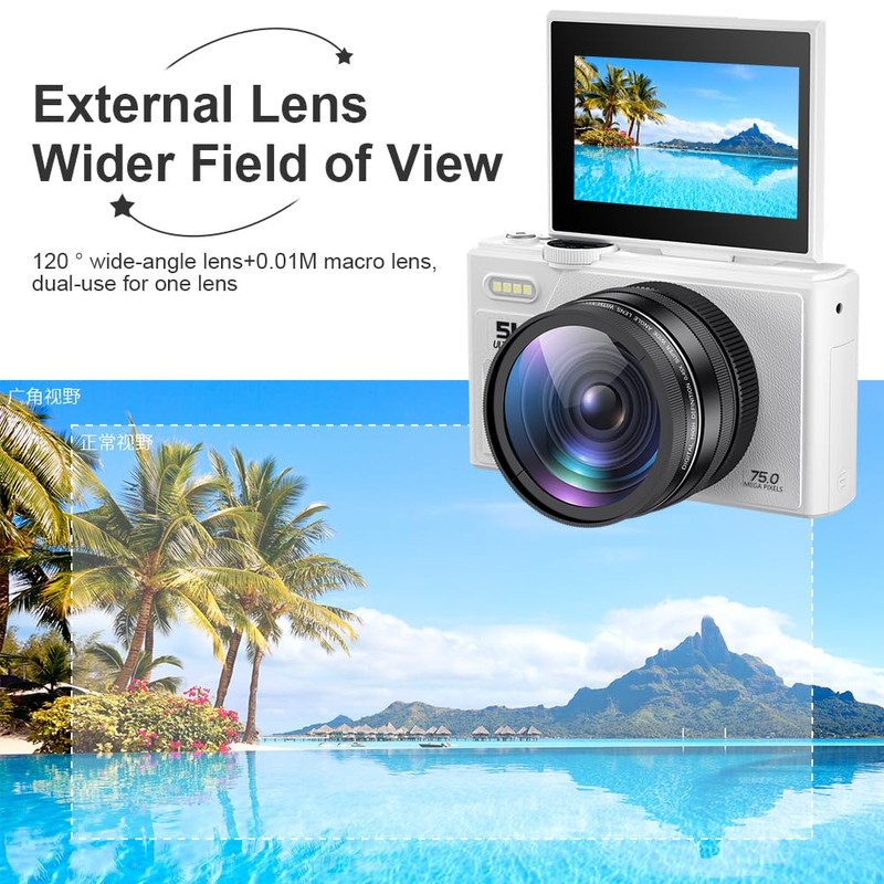 5K Digital Camera with 18X Optical Zoom, 75MP Vintage Digital