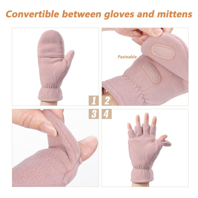 KEYDUACU Winter Gloves Fingerless Convertible Mittens Thermal Polar Fleece Insulated