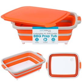 BIRDROCK HOME Collapsible XL BBQ Prep Tub w/Cutting Board, Multi-Function Grill Caddy w/Colander & Lid, Portable Silicone Dish Bowl for Picnic, Tailgate, Camping - Orange