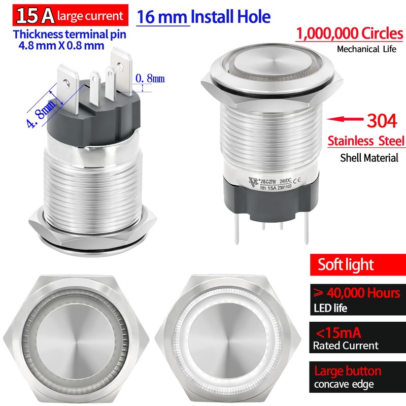 UL Listed15Amp Push Button Switch 16mm 0.63" Latching Switches Waterproof