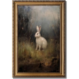 KBKBART Vintage Framed Wall Art for Living Room, Dark Academia Decor Wild Hare Rabbit Vintage Oil Painting, Retro Animal Bunny Decor Canvas Art Prints Wall Decor for Dark Aesthetic, Gold Framed Artwork for Dark Cottagecore Decor, 16"x24"