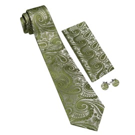 YOHOWA Olive Green Tie with Tie Clip for Men Paisley Silk Necktie Pocket Square Cufflinks Set Formal Wedding Party Business