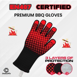 Pro-Series EN 407 Certified BBQ Gloves - Extreme Heat Resistant Grill Gloves (1472℉/800℃), Heatproof/Fireproof Protection Oven Mitts for Grilling, Cooking, Baking, Camping, and Welding - 1 Pair