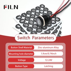 FILN Latching Push Button Switch,Marine Power Waterproof Switch 12V, Turn Signal Toggle Ignition Switch On Off, Push Button Starter Led Light Switch(185 Replaceable Symbols, 19mm Red, 1PCS)