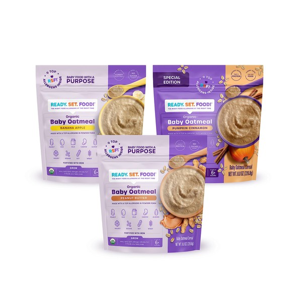 Ready, Set, Food! Organic Baby Oatmeal Cereal | Banana Apple, Peanut Butter, and Pumpkin Cinnamon Variety Pack | Organic Baby Cereal with 9 Top Allergens | Unsweetened, Iron Fortified