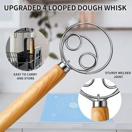 Danish Dough Whisk with Wooden Handle, Stainless Steel, for Bread, Pizza, Cookies, Pastries, Double Stirring Effect