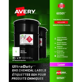 Avery UltraDuty GHS Chemical Industrial Labels for Laser Printers, Waterproof, UV Resistant, Permanent, 8.5" x 11", White, Rectangle, 50 Labels (60501)
