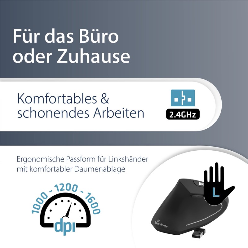 MediaRange ergonomische 6-Tasten Funk-Maus mit optischem Sensor für Linkshänder, schwarz