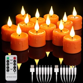 yunsheng 12PCS Orange Rechargeable LED Tea Lights Candles with Remote Timer, 3D Wick Flickering Flameless Pumpkins Lights, Warm White Electric Fake Candles with 2USB Charging Cable, Home Decor