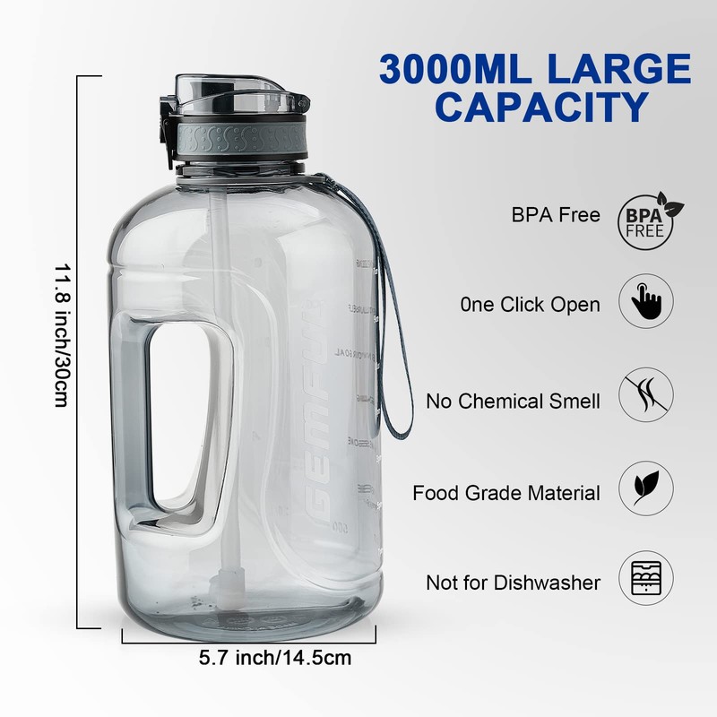 GEMFUL 3 Liter Water Bottle with Straw Time Marker Large