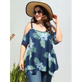 LARACE Cold Shoulder Tops for Womens Summer Clothes Spaghetti Strape Tunic Oversized Shirts Asymmetrical Plus Size Blouse(A-SteelBlue32 3X)