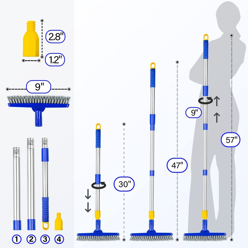ITTAR Grout Brush with Long Adjustable Handle, Swivel Scrub Brush,