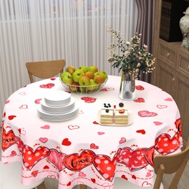 ABSOP Valentine's Day Tablecloth Round 60 Inch Pink Love Hearts Table Cloth Farmhouse Valentines Table Cover for Kitchen Dinner Room Holiday Party Indoor Outdoor Home Valentine Decor
