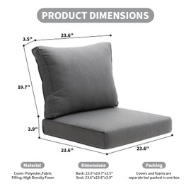 LebenLiebe Outdoor Seat Cushion Set for Patio Furniture Deep Seat Chair Cushion Set with Removable Cover,23.6x23.6 Inch,Dark Grey