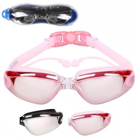 HSTWODE Optical Swimming Goggles with Prescription, One Piece Swimming Goggles with Earplugs, Dioptres: -1.5 to -8.0, Anti-Fog UV Protection, Free Beautiful Box (Pink, Plated -1.5)
