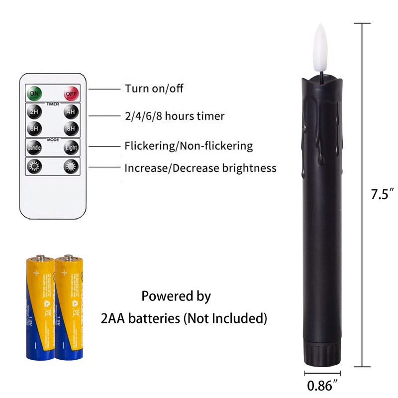 Mavandes Flameless Flickering Taper Candles Two Remote, 7.5 Inch Black
