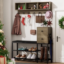 yacchi home 39" Entryway Coat Rack Shoe Bench with 2 Drawers and 3 Cubbies, 7-in-1 Entryway Bench Hall Tree with Bench and Shoe Storage, Coat Rack with 7 Coat Hooks & 2 Umbrella Stands(Wood)