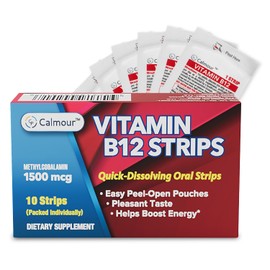 CALMOUR Vitamin B12 Strips 10 Pack | Easy Oral Dissolvable Mint Flavored Strips | 1500 mcg Strips | VIT B12 Dissolve Under Tongue | Methylcobalamin B-12 Vitamin Formula | Vegan Friendly & Gluten Free