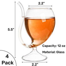 Tlence 4 Pack Straw Wine Glass, 12 OZ Sipping Wine Glasses with Built-in Straw, Creative Tube Cocktail Goblets, Clear Funny Decanter Cups for Juice Ice Cream Champagne Party Glassware Barware
