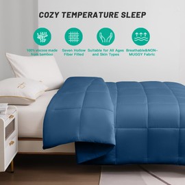 100% Viscose Made from Bamboo Comforter, Soft Lightweight King Size Summer Cooling Comforter Down Alternative Duvet Insert, 8 Corner Tabs（102x90 Inches, Dark Blue-Summer）