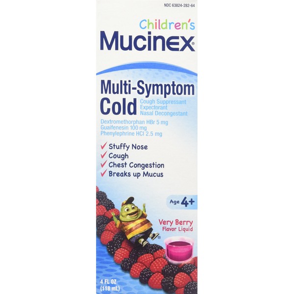 Cold and Cough, Mucinex Children's Multi-Symptom, Liquid, Very Berry Flavor, 24oz (6x4oz) Relieves Nasal & Chest Congestion, Thins & Loosens Mucus, & Controls Cough