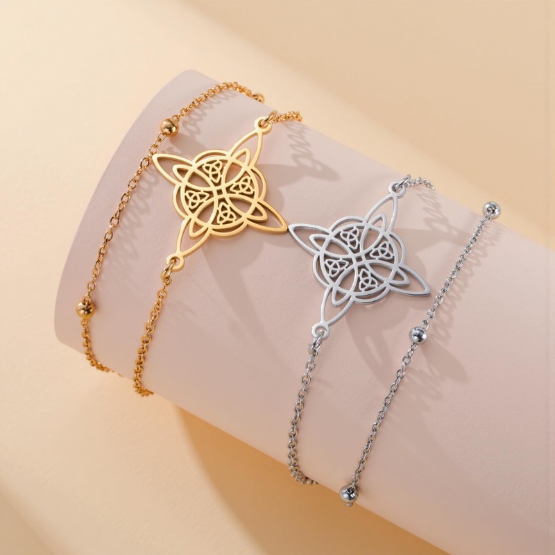 TEAMER Adjustable Witches Knot Bracelet Stainless Steel Dainty Double Layer