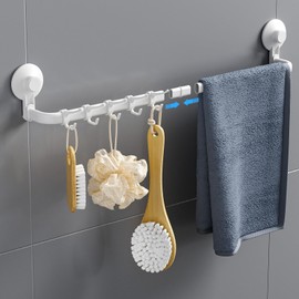 Avolare Suction Cup Towel Bar, Adjustable 24 Inches Adhesive Towel Holder for Bathroom, No Drill Wall Mounted Towel Rack with 5 Sliding Hooks, White Towel Shelf for Kitchen, Toilet, Shower, Door