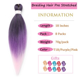 Black And Purple And Pink Braiding Hair Pre stretched 18 Inch 8 Packs Pre stretched Braiding Hair Yaki Texture Synthetic Hair Extension Itch Free Hot Water Setting(18", T1B/Purple/Pink)