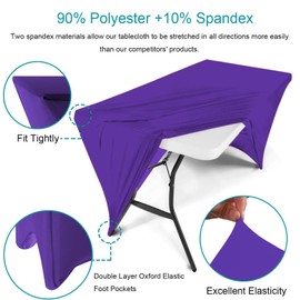 Reliancer 2 Pack 8FT Rectangular Spandex Table Cover Four-Way Tight Fitted Stretch Tablecloth Table Cloth for Outdoor Party DJ Tradeshow Banquet Vendor Wedding Celebration (2PC 8FT, Purple)
