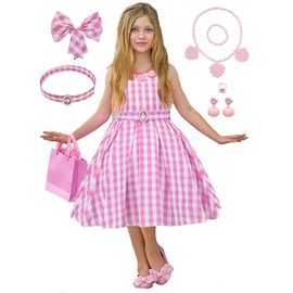 LZOMOGYSD Toddler Girls Movie Bar-b Doll Costume Margot Robbie Cosplay Pink Gingham Dress3/7