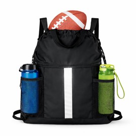 PPZ Drawstring Sports Backpack with Side Mesh Pockets, Lightweight Gym & Travel Bag with Water Bottle Holders for Fitness, Outdoor Activities and Daily Use – Black with White Stripe