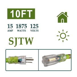 EP 10 Ft Lighted Outdoor Extension Cord - 10/3 SJTW Heavy Duty Green Extension Cable with 3 Prong Grounded Plug for Safety, UL Listed