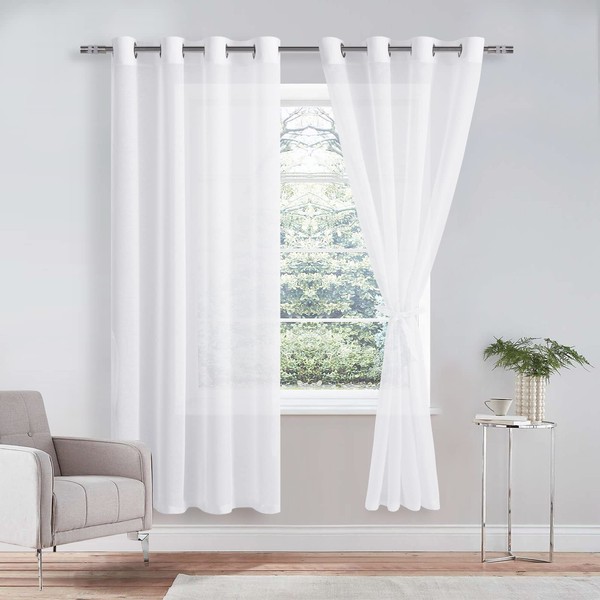 DWCN Sheer Voile Curtain, Transparent Curtain with Eyelets, 2 Pieces, Eyelet Curtain for Living Room, Baby Room, Bedroom, White, 145 x 140 cm (H x W)