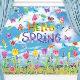 Chunnin Tulip Window Clings Stickers Hello Spring Window Clings Decals for Window Glass Spring Flower Butterfly Party Anti-Collision Decorations for Home Kids Baby Shower Birthday Supplies