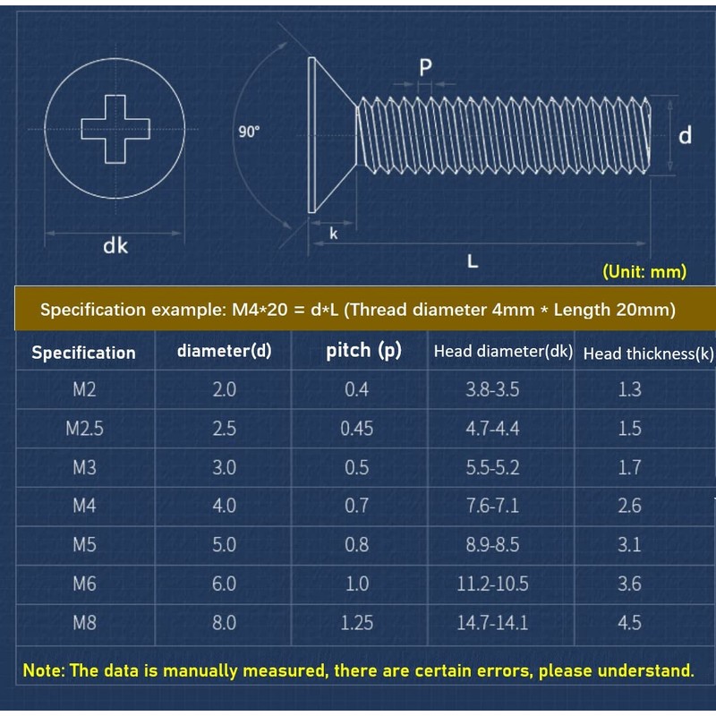 CONPHERON Brass Phillips Countersunk Screws Flat Head Machine Screws M5
