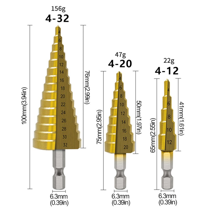 3PCS HSS Step Bits, High Speed Steel Step Drill Bits