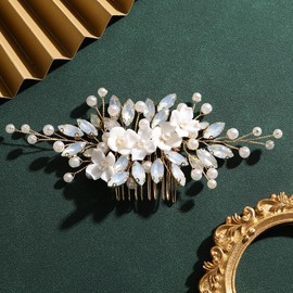 Rumtock Opal Wedding Bridal Hair Comb with Pearl White Flower Hair Piece for Women Special Occasion Hair Jewelry (Gold and Opal)