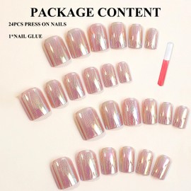 MERVF Square Press on Nails Short Fake Nails Nude Squoval Glue on Nails Press ons with Chrome Design 24pcs Glossy Artificial Acrylic Nails Electroplated False Nails for Women