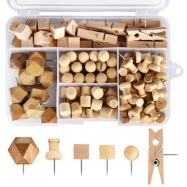 Dorbetar 128Pcs Wood Push Pins, Thumb Tacks for Decorative, Wooden Pins and Tacks, Cork Board Thumbtacks, Cute Thumbtack for Wall and Bulletin Board, Map Pins