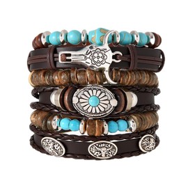 Western Bracelets Turquoise Leather Stackable Bracelets for Women Men - Boho Cowboy Cowgirl Multi-Layer Beaded Bracelet for Country Concert, Western Outfit, Daily Wear - Trendy Fashion Jewelry Accessory Ox Head