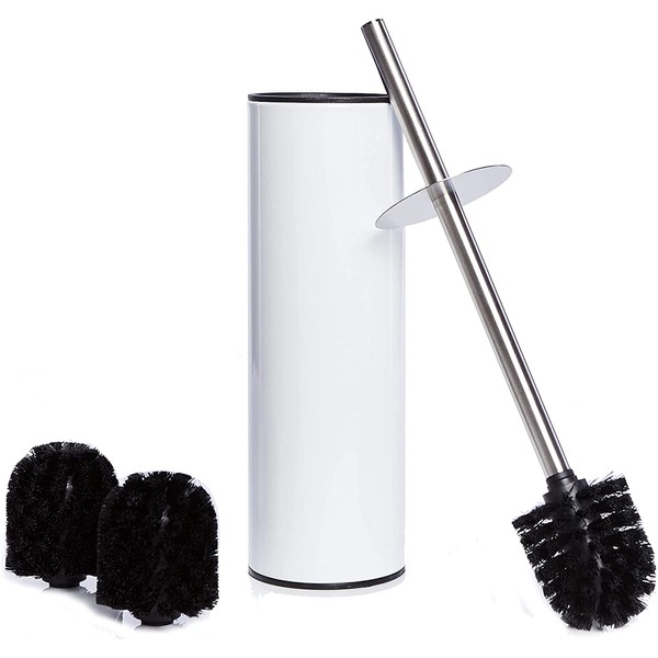 Bamodi Toilet Brush with Holder - Free Standing Stainless Steel Toilet Brushes Including 3 Brush Heads - Closed Hideaway Design Scrubber Brush with Stiff Bristles for Deep Cleaning (White)