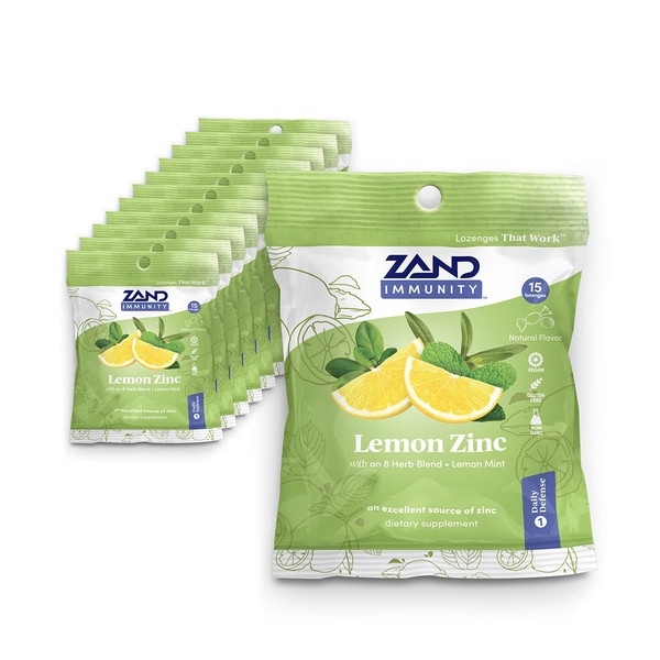 ZAND Immunity Lemon Zinc HerbaLozenge | Soothing Throat Drops | No Corn Syrup, No Cane Sugar (12 Bags, 15 Lozenges)
