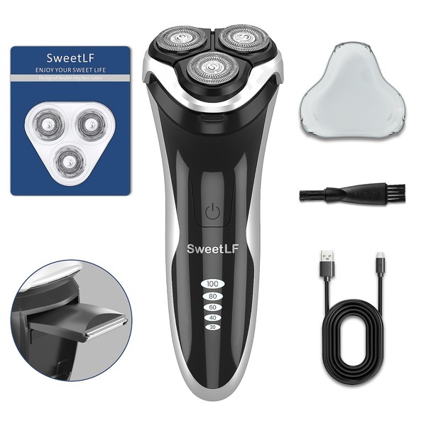SweetLF Dry and Wet Electric Shaver (with 3 Blades) Rechargeble Electric Razor for Men Cordless Razor IPX7 Waterproof /4D Rotary Head/Pop-Up Trimmer Series SWS7105 [Upgrade]