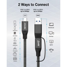 RIITOP USB 3.2 C to C Cable 20Gbps [1FT], Braided 2IN1 USB Type C Y Short Cable E-Marker Chipset Inside with USB C to A Adapter for External M.2 SSD