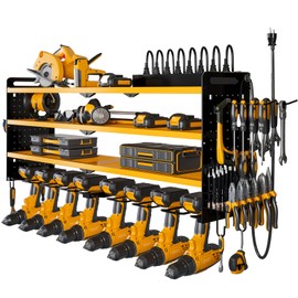 NattyDot Power Tool Organizer Wall Mount with Charging Station, 8 Drill Holder, 4 Layer Storage Rack for Garage Organization, Tool Holder with 8 Outlet Power Strip (Yellow)
